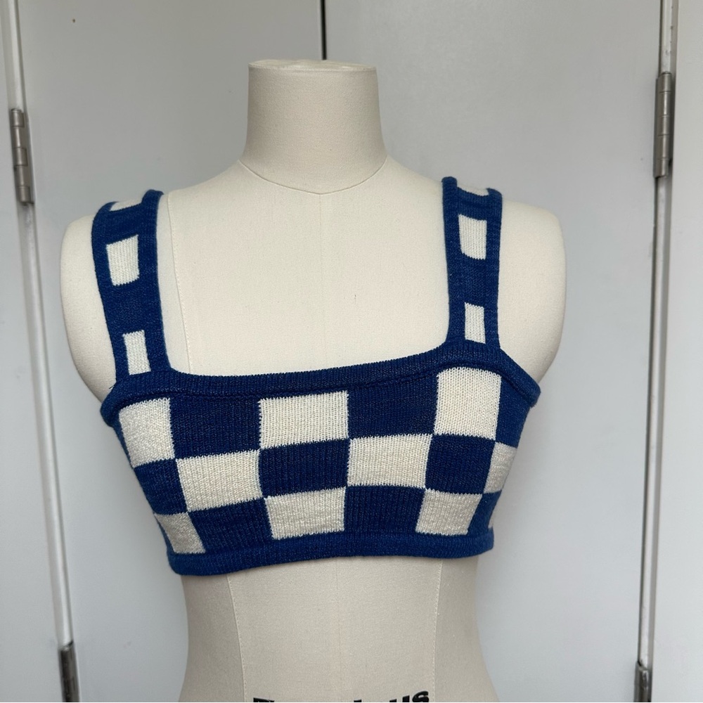 Belle the Label Blue and White Checkered Knit Crop Top